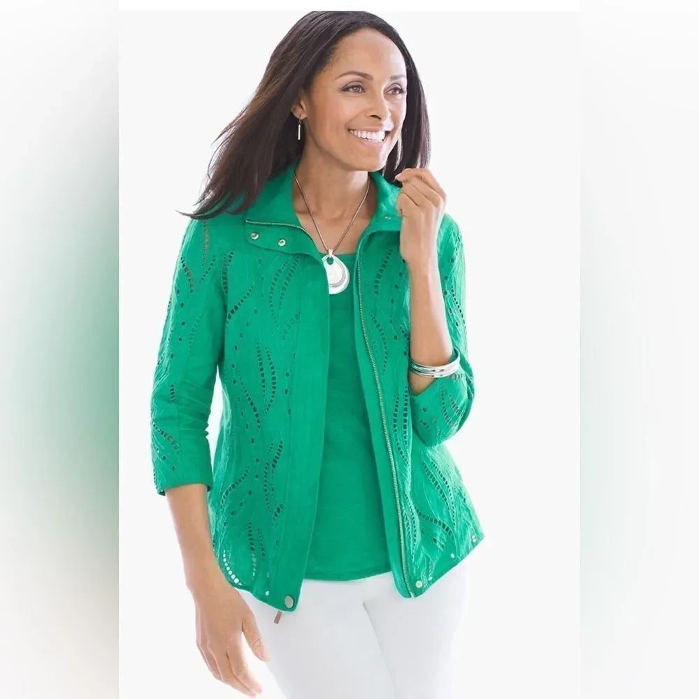 Chico's 100% Linen Embroidered Jacket. 1 (M) Zip Pockets Eyelet Lagenlook Boho